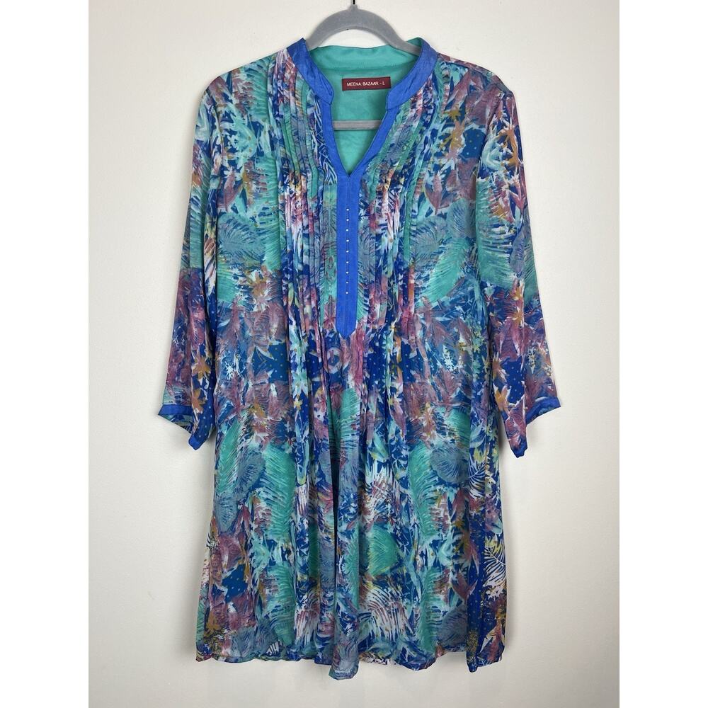 MEENA BAZAAR Beaded V Neck Mini Dress Long Sleeves Green Blue Pink Sz L